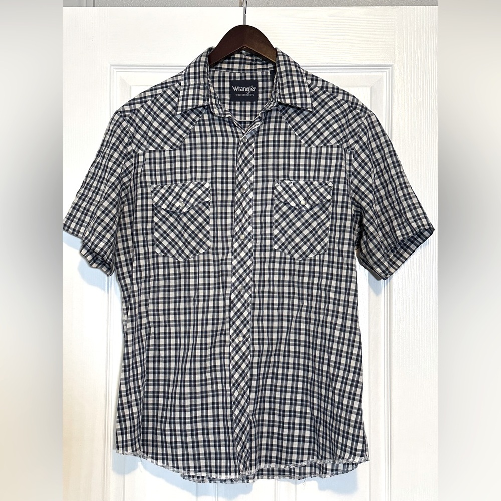 Vintage Wrangler Men’s Western Shirt - Blue Plaid Pearl Snap, Size Large Casual